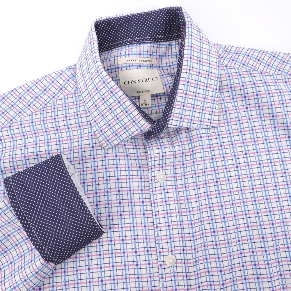 Con.Struct Slim Fit 4-Way Stretch Plaid Button Down Long Sleeve Mens Large Shirt
